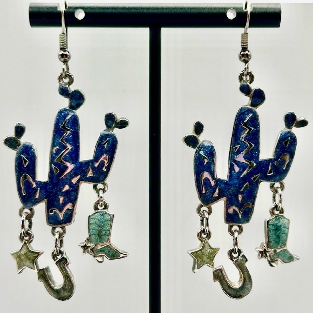 Edgar Berebi Vintage 80’s - Blue & Green Enamel Cactus Earrings Southwestern